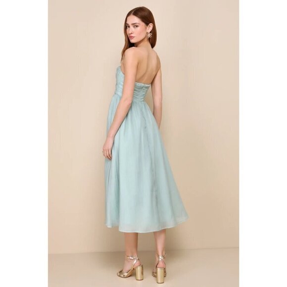 Lulus Womens Sage Green Organza Strapless A-Line Midi Dress Fairytale Design - Picture 2 of 5